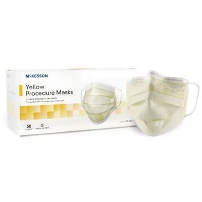 Mask, Medical, Yellow, Pleated, Non-Sterile w/Earloops, 50/Box