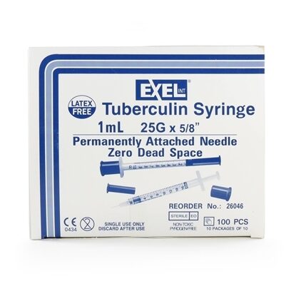 1cc Tuberculin Syringe, 25G x 5/8"  Exel, No Dead Space, non-detachable needle  10/pack  10 packs/Box