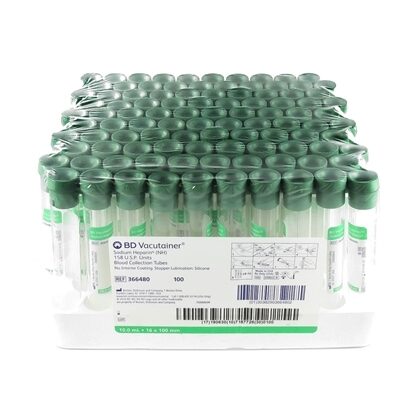 Blood Collection Tube, Green with Heprin, 16 x 100mm, 10mL Glass Vacutainer®, 100/Package